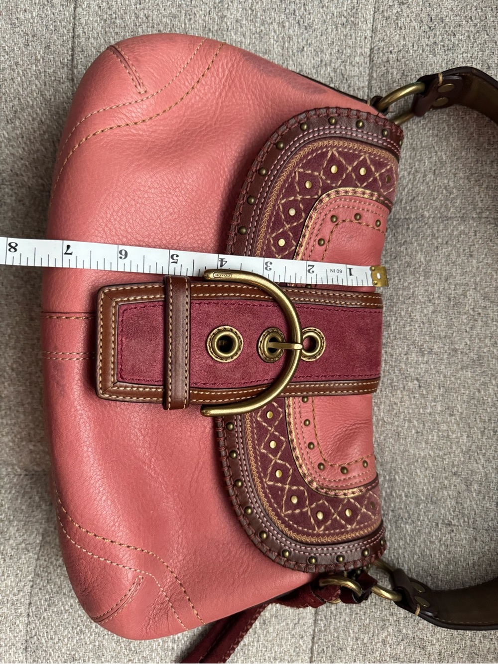Vintage Y2K Coach Soho Stitched Pink Leather Studded Flap Shoulder Bag F10479 - Picture 9 of 11